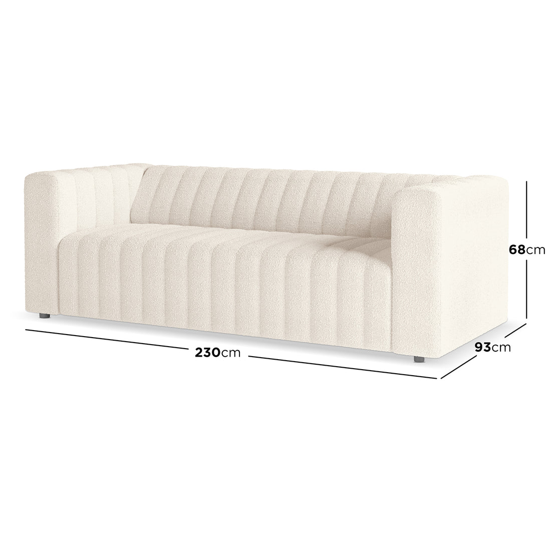 Parisa 3 Seater Tufted Boucle Sofa features off-white upholstery, vertically channeled design, and a boxy profile. Dimensions: 230cm wide, 93cm deep, 68cm tall.