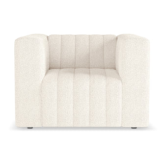 Parisa 1 Seater Tufted Boucle Sofa Cream White, showcasing a close-up of its plush, tufted boucle fabric and supportive armrest, highlighting its modern, chic design ideal for contemporary spaces.