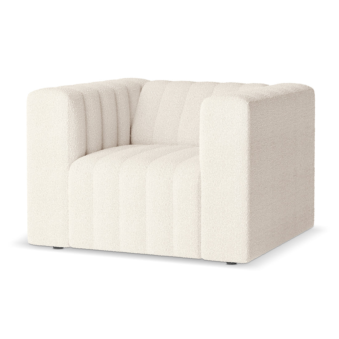 Parisa 1 Seater Tufted Boucle Sofa Cream White, showcasing a close-up of its plush, tufted boucle fabric and supportive armrest, highlighting its modern, chic design ideal for contemporary spaces.