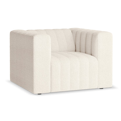 Parisa 1 Seater Tufted Boucle Single Sofa in Cream White, featuring a cube shape, thick arms, vertical channel tufting, and soft nubby fabric, perfectly balancing modern style and comfort.