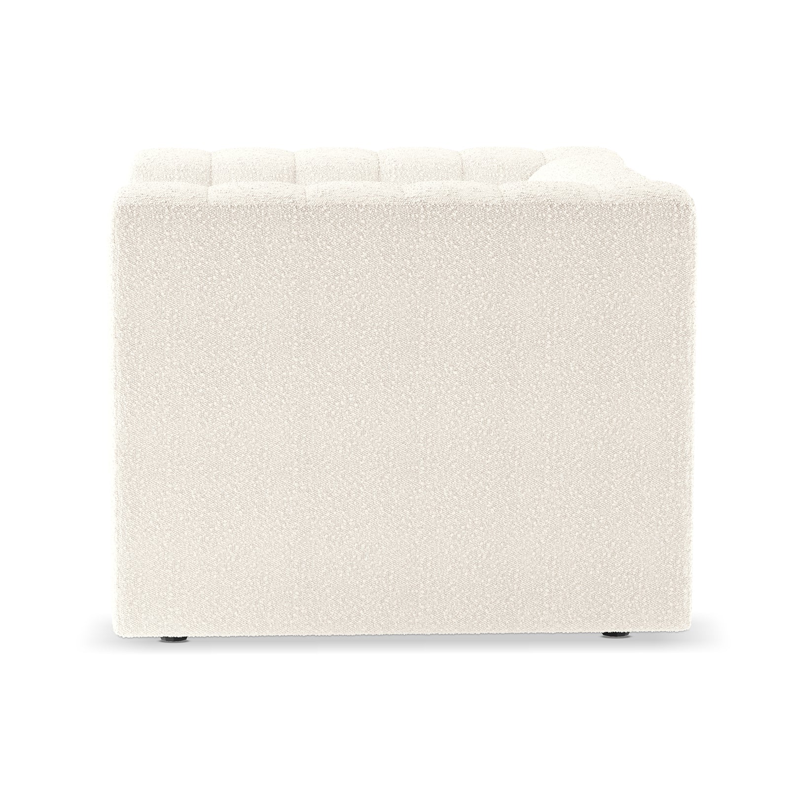 Parisa 1 Seater Tufted Boucle Single Sofa in Cream White, featuring a cube shape with a tufted top and smooth sides, upholstered in soft bouclé fabric for a modern, chic look.