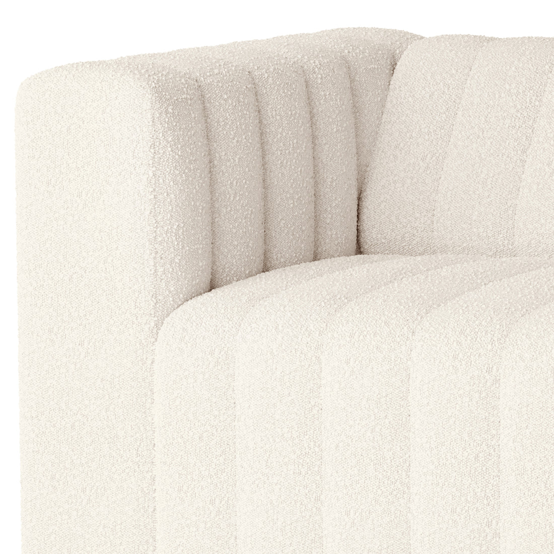 Close-up of the Parisa 1 Seater Tufted Boucle Sofa in Cream White, showcasing its softly rounded corner, off-white nubby boucle fabric, and modern vertical channel tufting for a cushioned appearance.