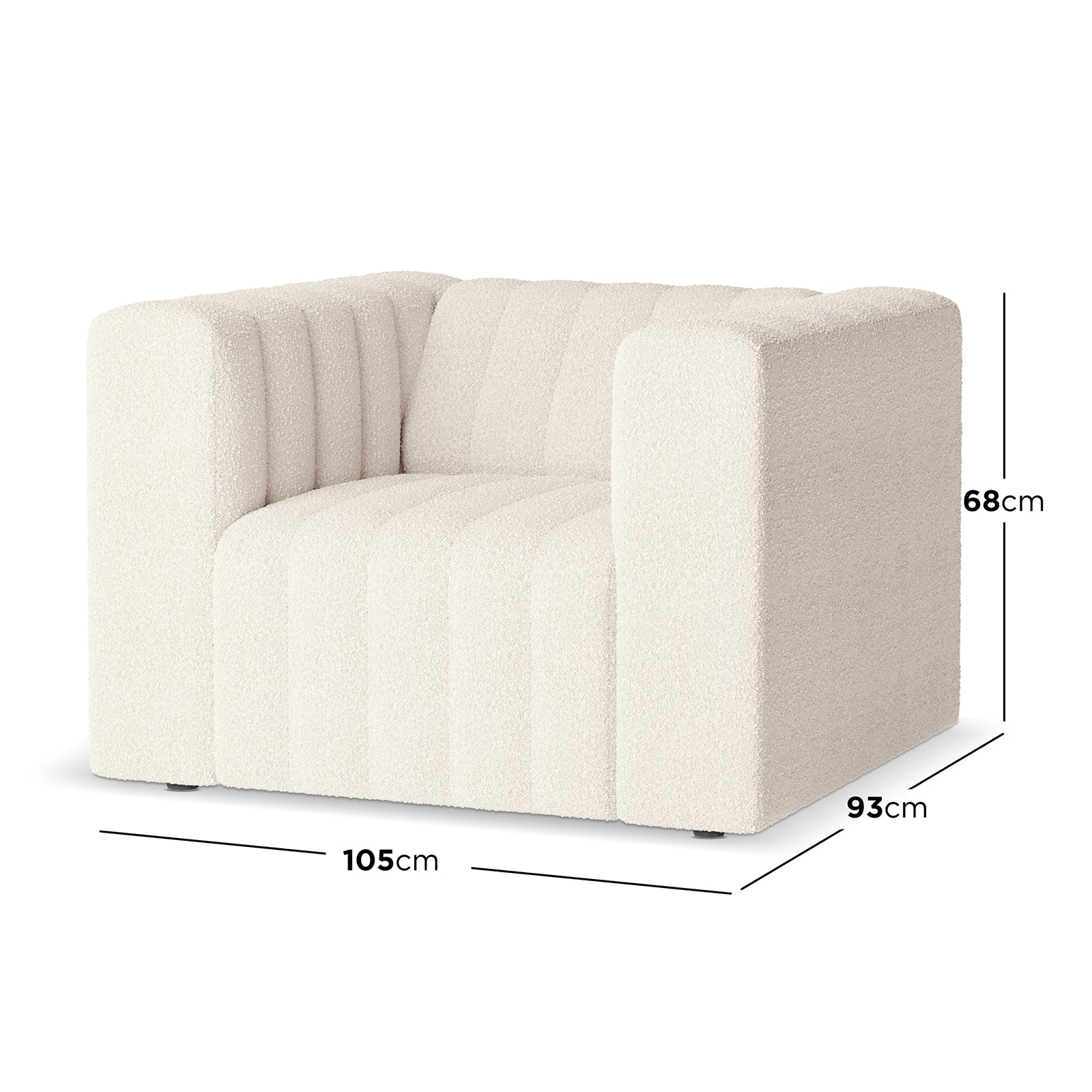 Parisa 1 Seater Tufted Boucle Sofa Cream White with tufted design, cushioned armrests, and boucle fabric upholstery, showcasing a modern, low-rise aesthetic suitable for contemporary living spaces.