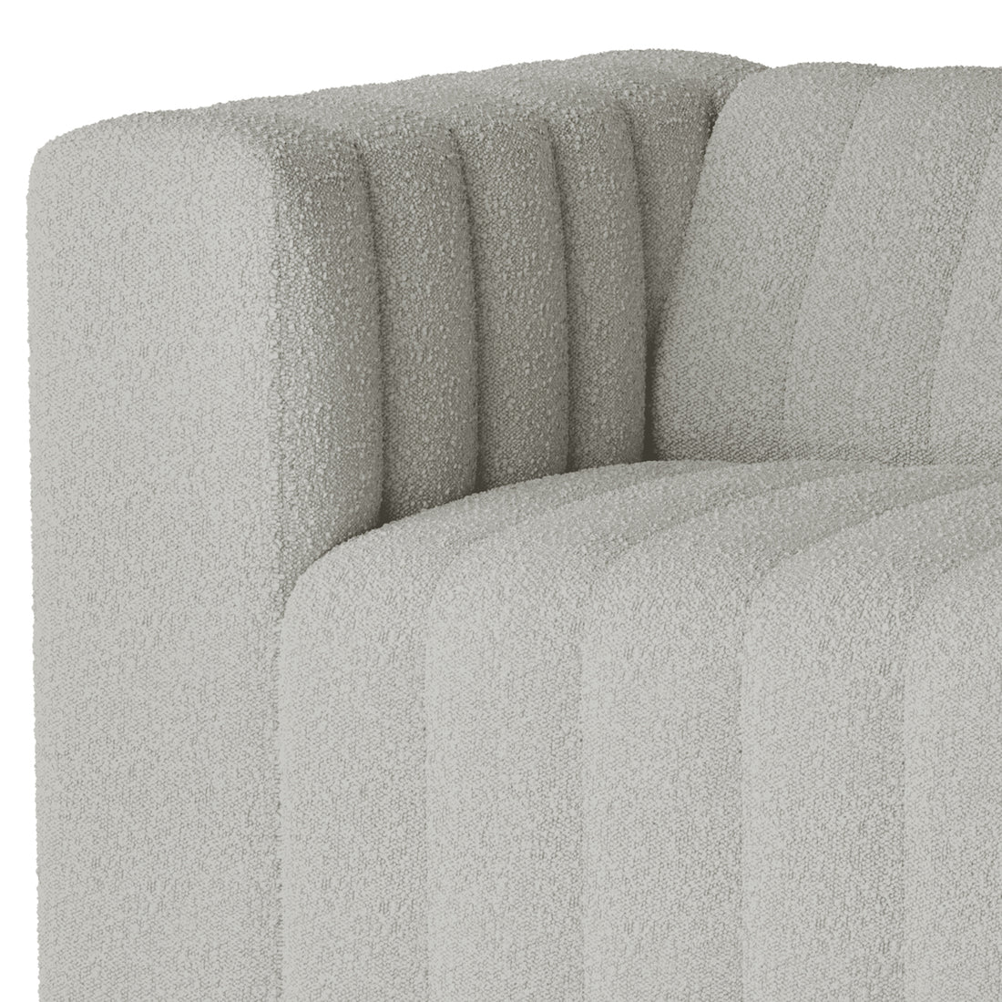 Close-up of the Parisa 1 Seater Tufted Boucle Sofa in Light Grey, showcasing its vertical channel-tufted cushioning and boucle fabric upholstery, highlighting the sofa's modern design and textured finish.