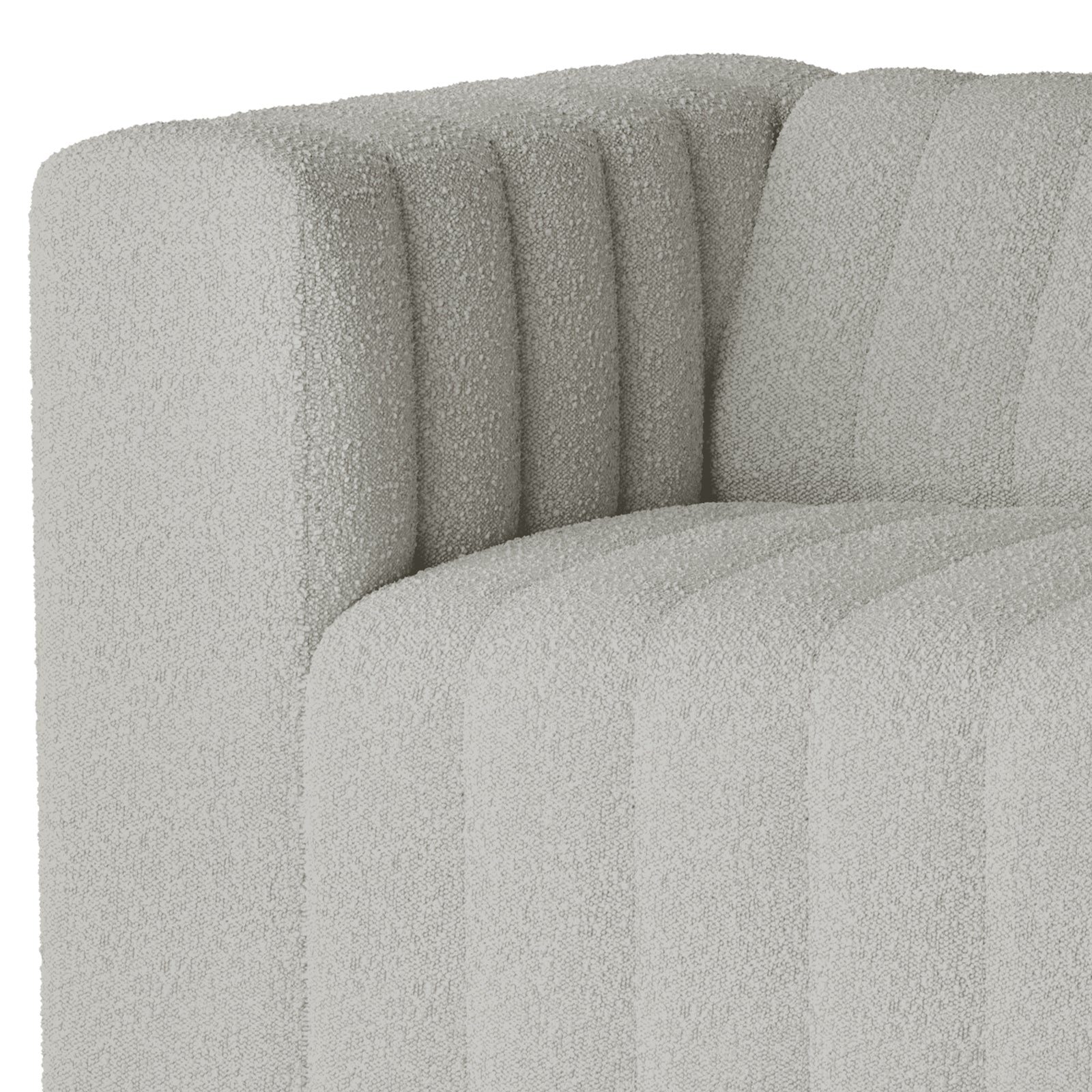Close-up of the Parisa 1 Seater Tufted Boucle Sofa in Light Grey, showcasing its vertical channel-tufted cushioning and boucle fabric upholstery, highlighting the sofa's modern design and textured finish.