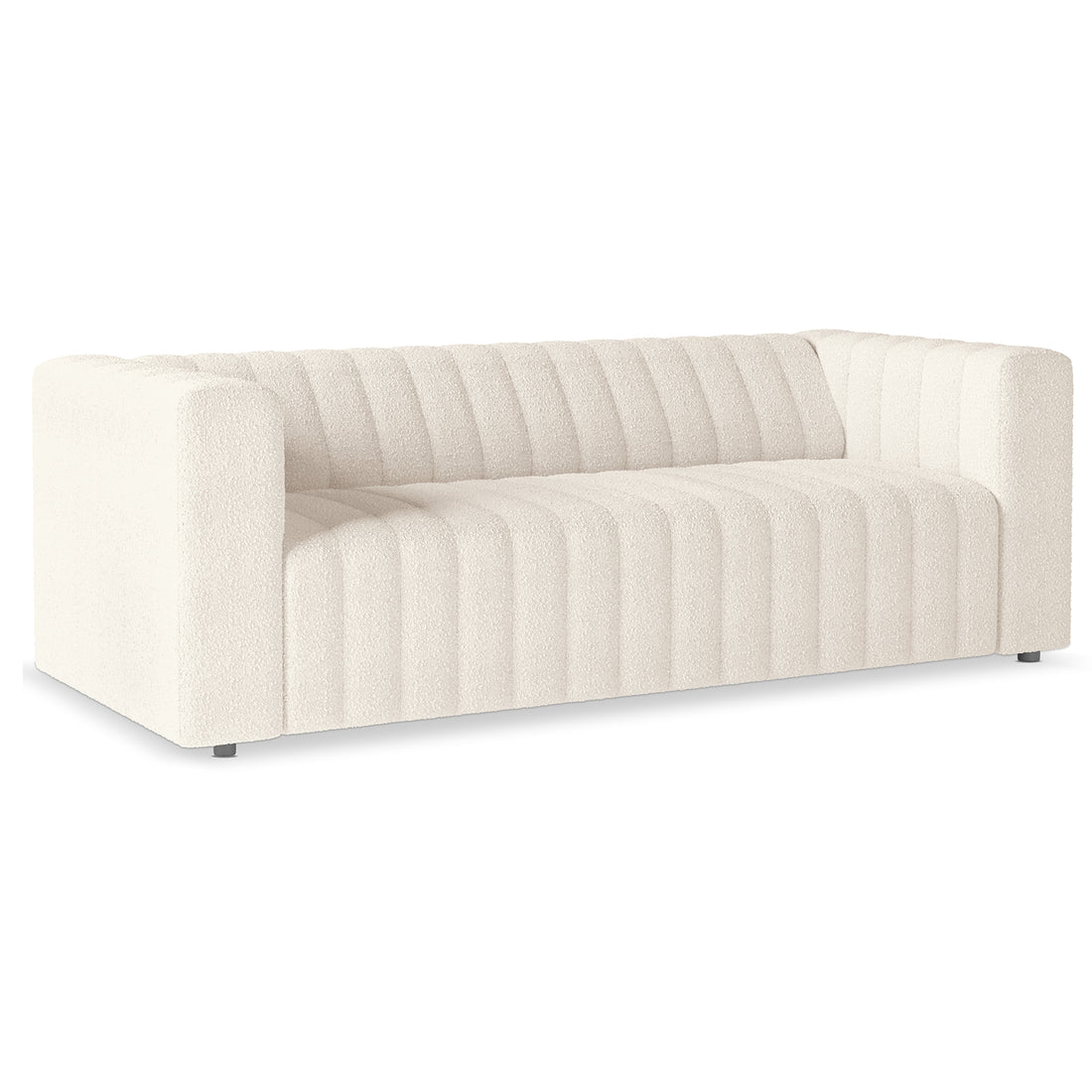 Parisa 4 Seater Tufted Boucle Sofa Set in Cream White features a modern, low-profile design with squared arms, channel-tufted back and seat, and off-white textured boucle fabric.