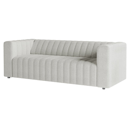 Parisa 4 Seater Tufted Boucle Sofa Set in Light Grey, featuring deep channel-stitched cushioning, squared arms, and low legs, upholstered in luxurious bouclé fabric for a sleek, modern look.
