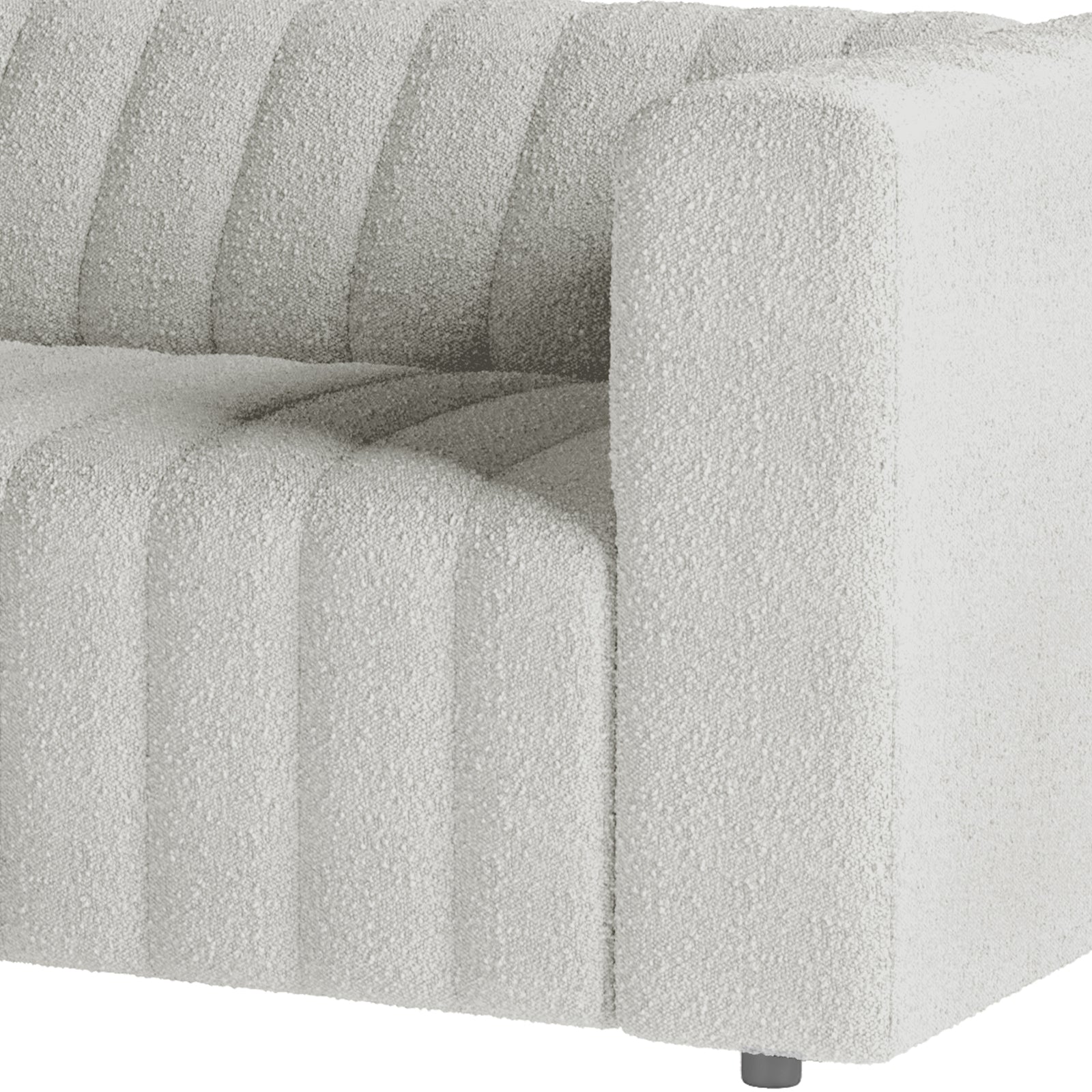 Close-up of Parisa 4 Seater Tufted Boucle Sofa Set in Light Grey, showcasing white textured bouclé fabric with vertical channel tufting and a small metal leg visible at the bottom.