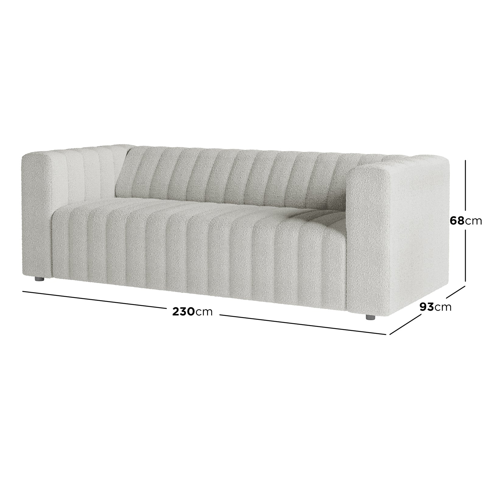 Parisa 4 Seater Tufted Boucle Sofa Set in Light Grey features deep channel-style tufting, squared-off arms, and low stubby legs, crafted for comfort and modern elegance.