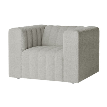 Parisa 4 Seater Tufted Boucle Sofa Set in Light Grey features a modern, block-style armchair design with deep channel-stitched cushions, thick square arms, and a low-profile silhouette on small feet.