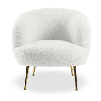 Polilo Bouclé Accent Chair with gold chrome legs and armrests, featuring a plush, textured fabric. Ideal for stylish seating, this chair enhances any space with its modern design and luxurious comfort.