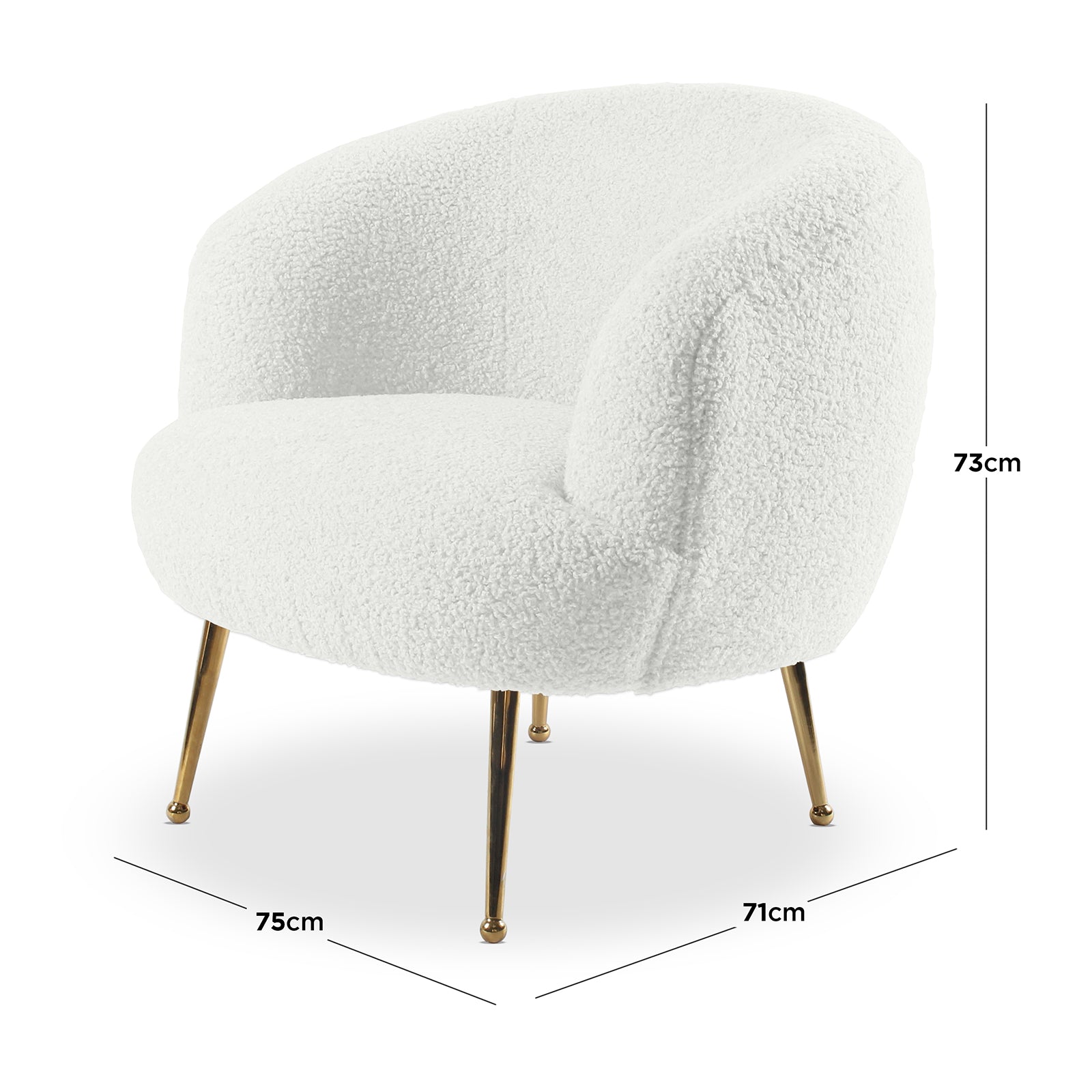 Polilo Bouclé Accent Chair featuring a close-up of its armrest and stainless steel legs with a chrome gold finish, showcasing the intricate texture of the bouclé fabric and modern design elements.