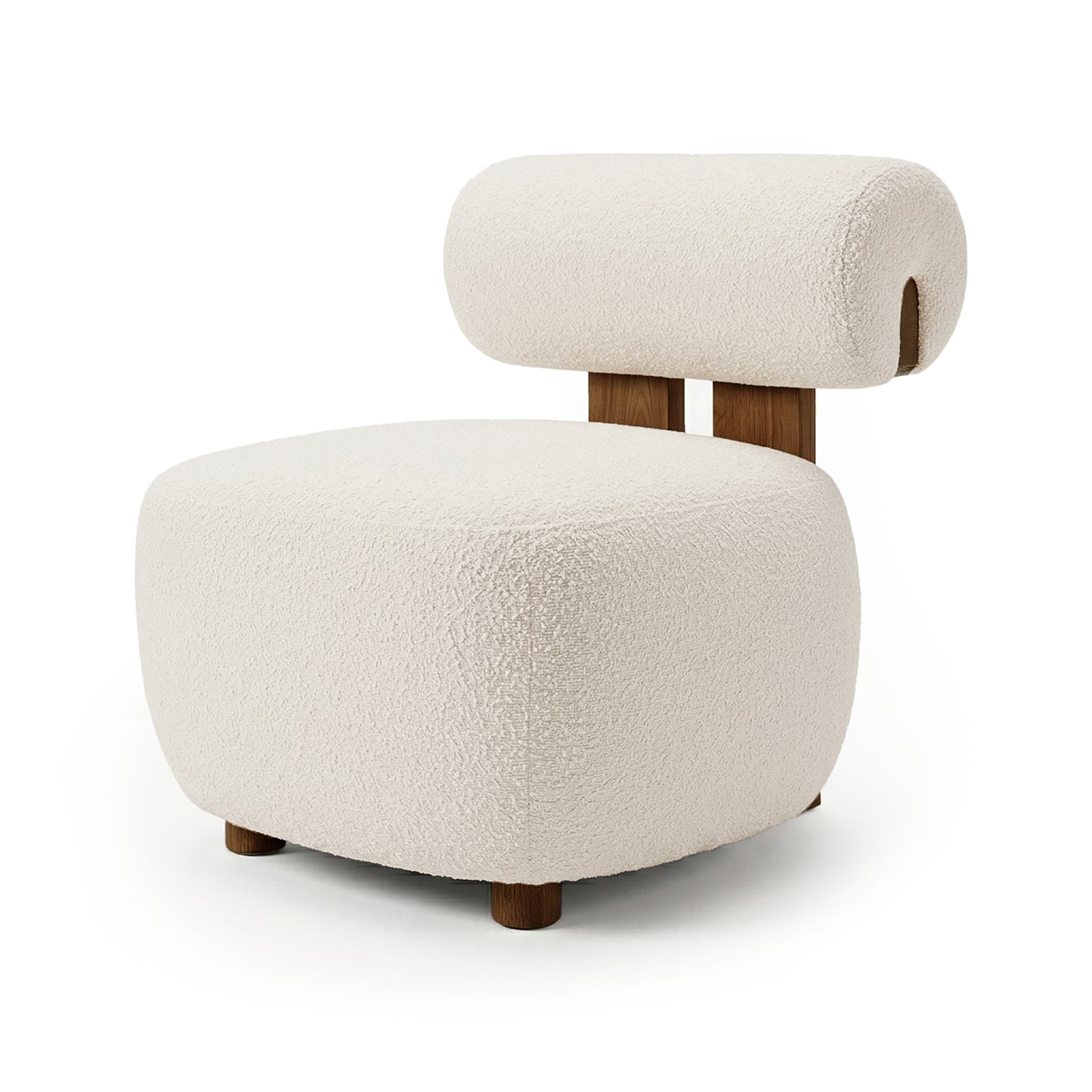 Renley Boucle Armless Accent Chair in Cream White features a minimalist design with a plush bouclé texture, low rounded seat, cylindrical back cushion, and exposed wooden legs for modern organic style.