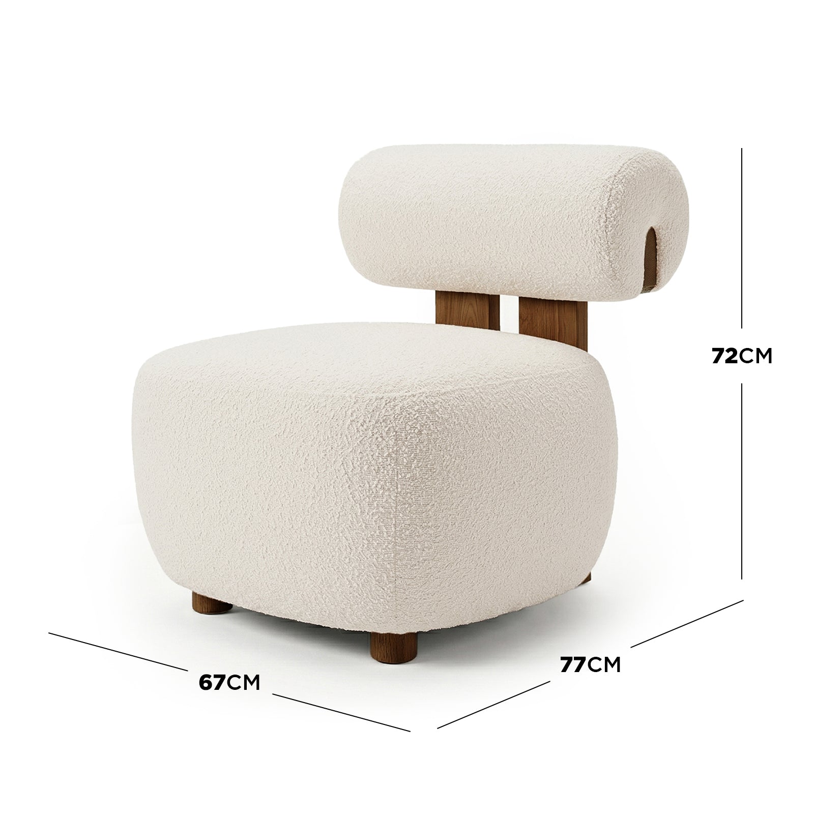 Renley Boucle Armless Accent Chair with low, rounded base and cylindrical backrest on wooden supports, showcasing modern curves and plush boucle texture, ideal for compact spaces.