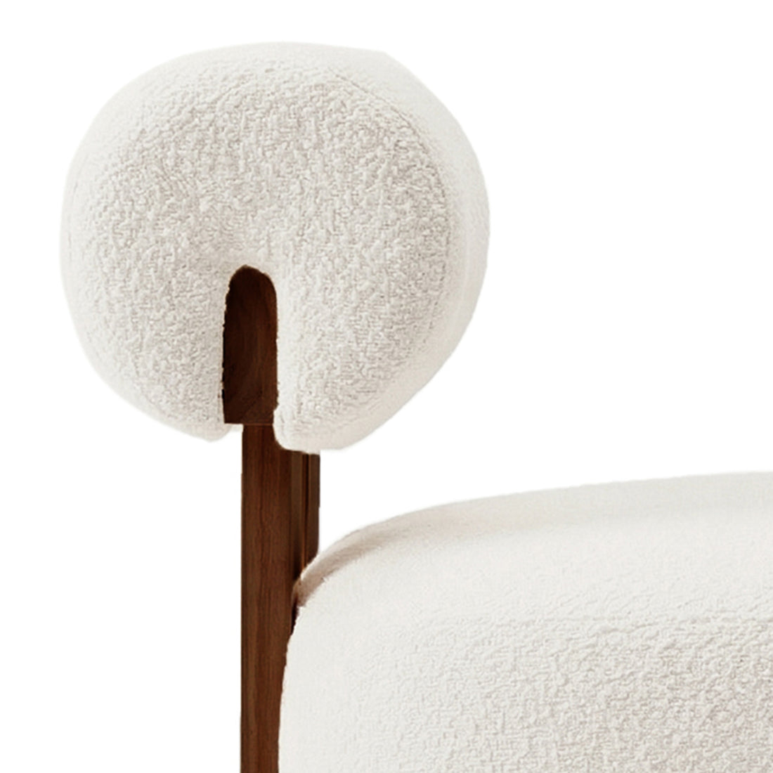 Renley Boucle Armless Accent Chair features a cream nubby bouclé fabric on a plush armrest and seat, supported by a dark-stained wood frame visible behind the arm pad.