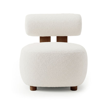 Renley Boucle Armless Accent Chair in Cream White features a rounded, cushiony seat with a boucle fabric and cylindrical backrest, supported by short wooden legs and wood slats for the backrest.