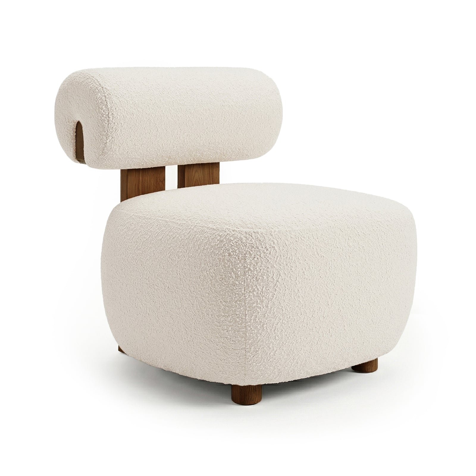 Renley Boucle Armless Accent Chair in Cream White, featuring a rounded block-like seat and cylindrical backrest in soft bouclé fabric, rests on short wooden legs for a minimalist, sculptural look.