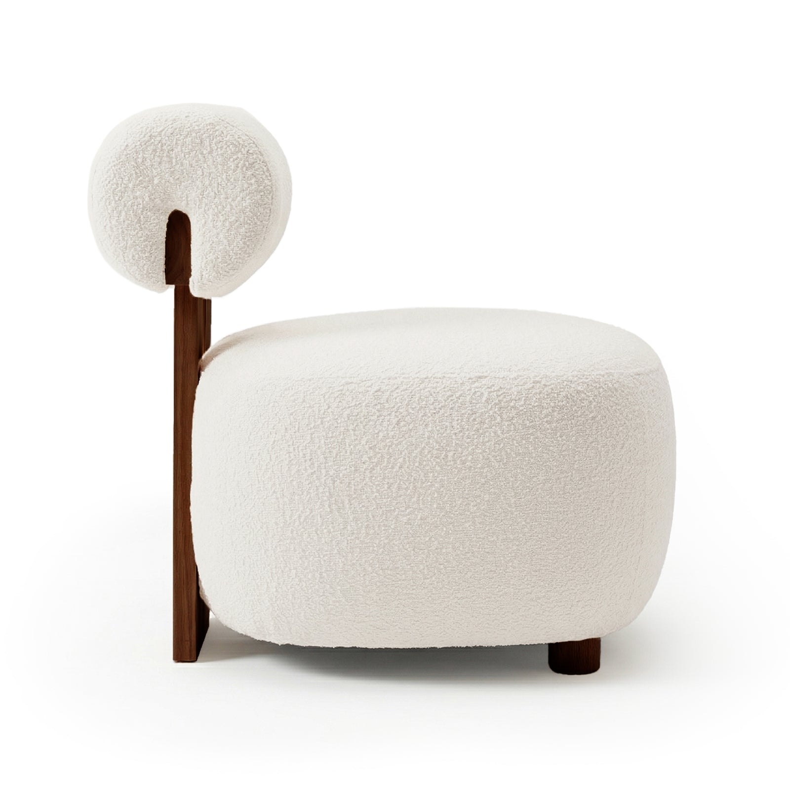 Renley Boucle Armless Accent Chair in Cream White featuring a thick, rounded seat cushion and small half-circle back pad in soft boucle fabric, supported by a walnut-stained wood frame with stubby feet.
