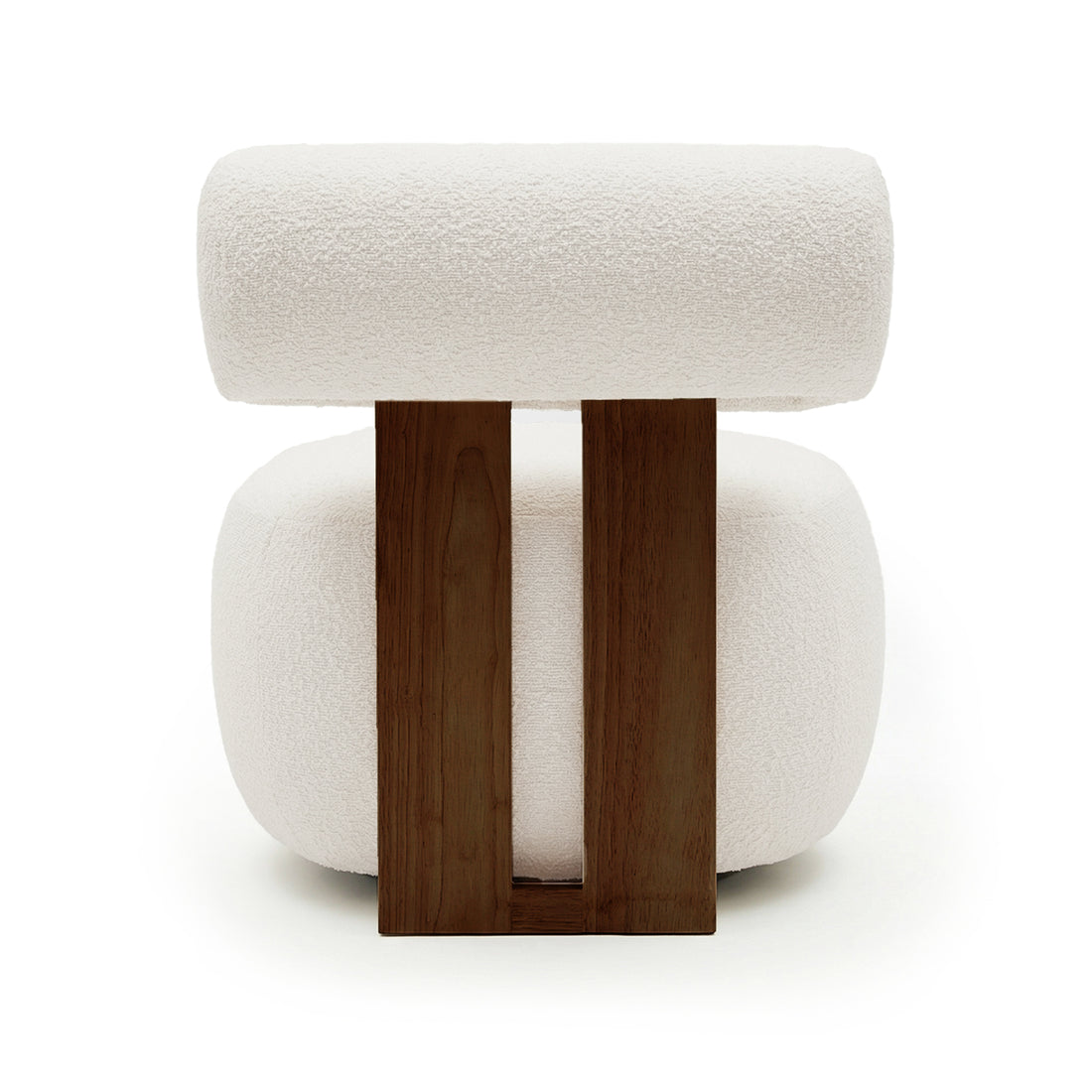 Renley Boucle Armless Accent Chair in Cream White, featuring plush bouclé upholstery with a cylinder top cushion, rounded seat cushion, and dark-stained wooden supports for a modern, cozy seating.