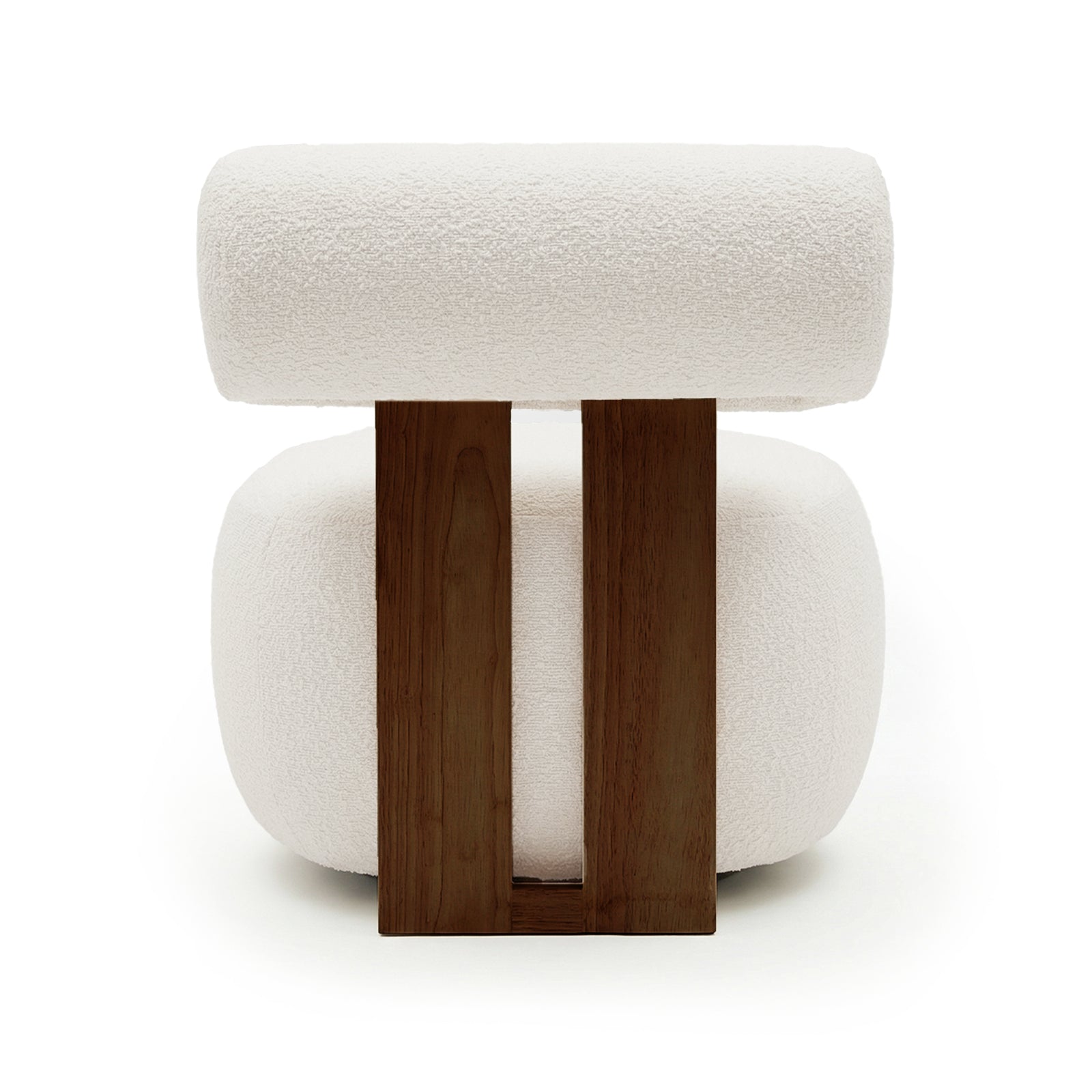 Renley Boucle Armless Accent Chair in Cream White, featuring plush bouclé upholstery with a cylinder top cushion, rounded seat cushion, and dark-stained wooden supports for a modern, cozy seating.