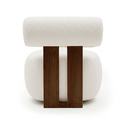 Renley Boucle Armless Accent Chair in Cream White, featuring plush bouclé upholstery with a cylinder top cushion, rounded seat cushion, and dark-stained wooden supports for a modern, cozy seating.
