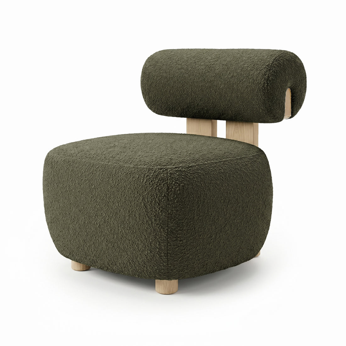 Renley Boucle Armless Accent Chair in Dark Forest Green, featuring a cube-like ottoman with deep olive-green bouclé fabric, cylindrical backrest, and light-wood legs, offering modern, space-smart design.