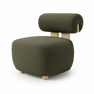 Renley Boucle Armless Accent Chair in Dark Forest Green, featuring a cube-like ottoman with deep olive-green bouclé fabric, cylindrical backrest, and light-wood legs, offering modern, space-smart design.