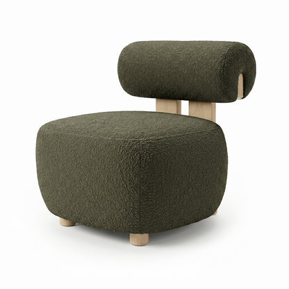 Renley Boucle Armless Accent Chair in Dark Forest Green, featuring a cube-like ottoman with deep olive-green bouclé fabric, cylindrical backrest, and light-wood legs, offering modern, space-smart design.
