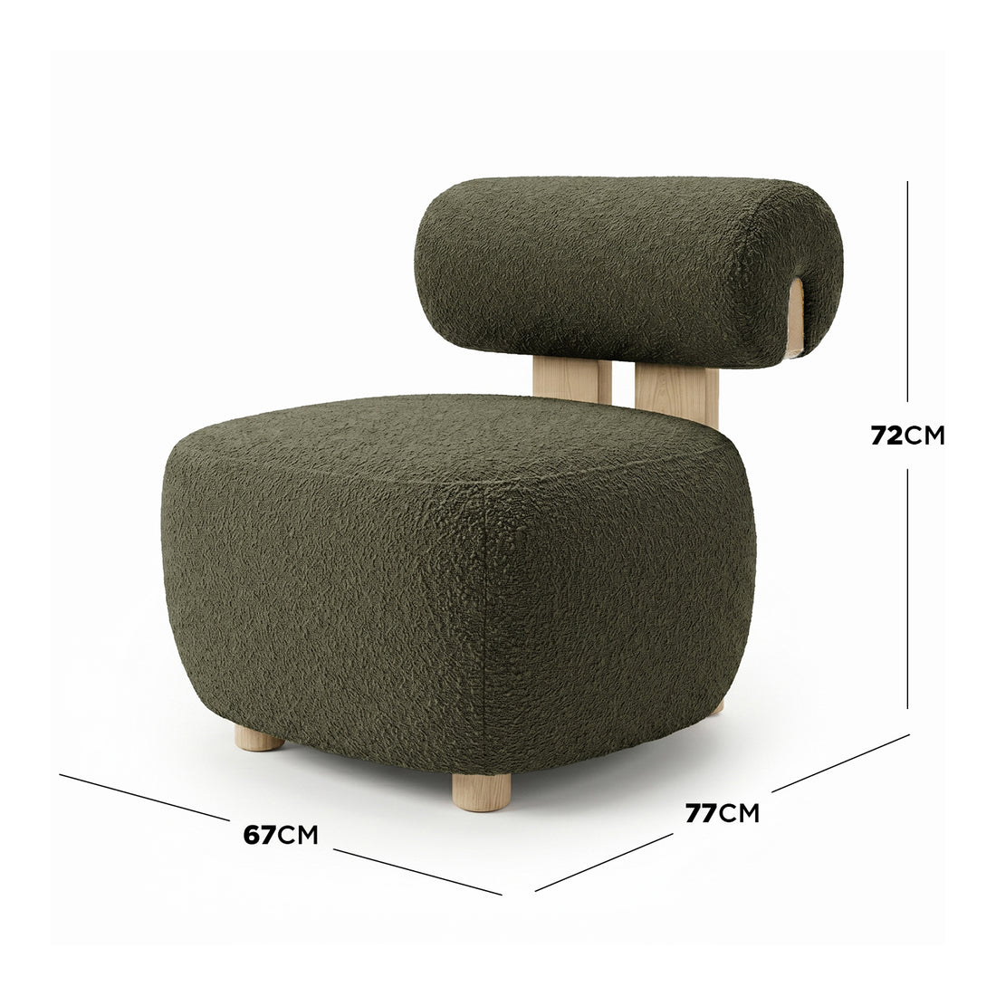 Renley Boucle Armless Accent Chair in Dark Forest Green features a plush, rounded cushion, cylindrical backrest on light-wood supports, and stubby wooden legs, showcasing cozy minimalism with a sophisticated boucle texture.