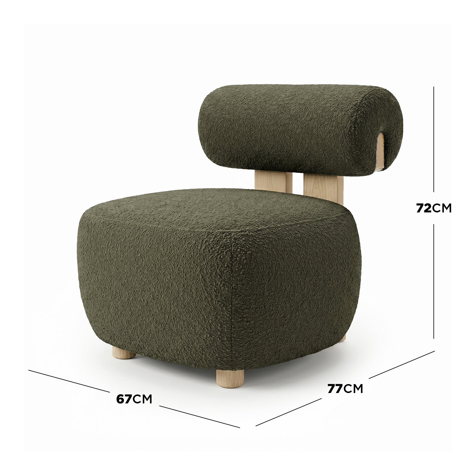 Renley Boucle Armless Accent Chair in Dark Forest Green features a plush, rounded cushion, cylindrical backrest on light-wood supports, and stubby wooden legs, showcasing cozy minimalism with a sophisticated boucle texture.