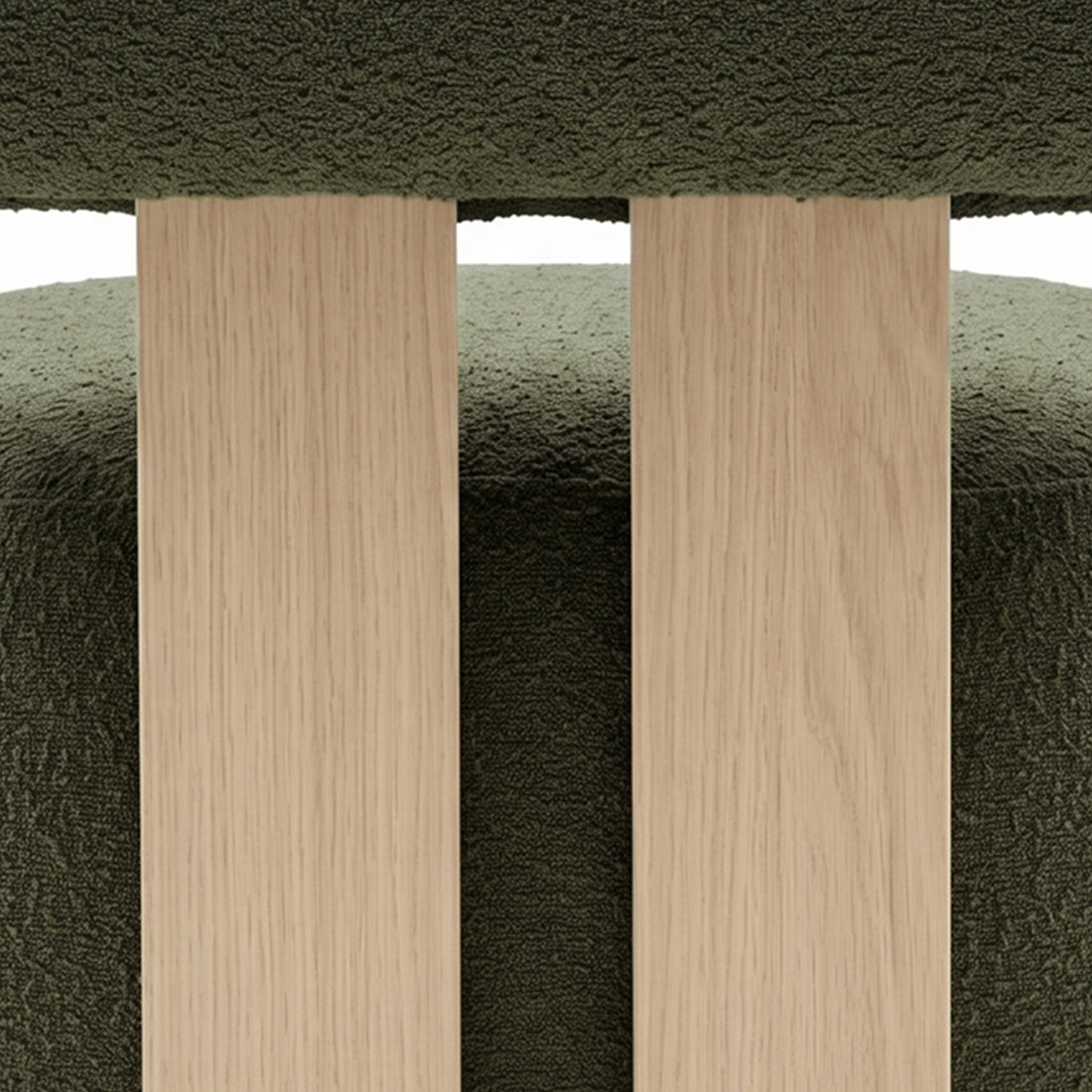 Renley Boucle Armless Accent Chair in Dark Forest Green, showcasing light-oak slats against textured upholstery, highlighting the chair's blend of organic minimalism and robust design.