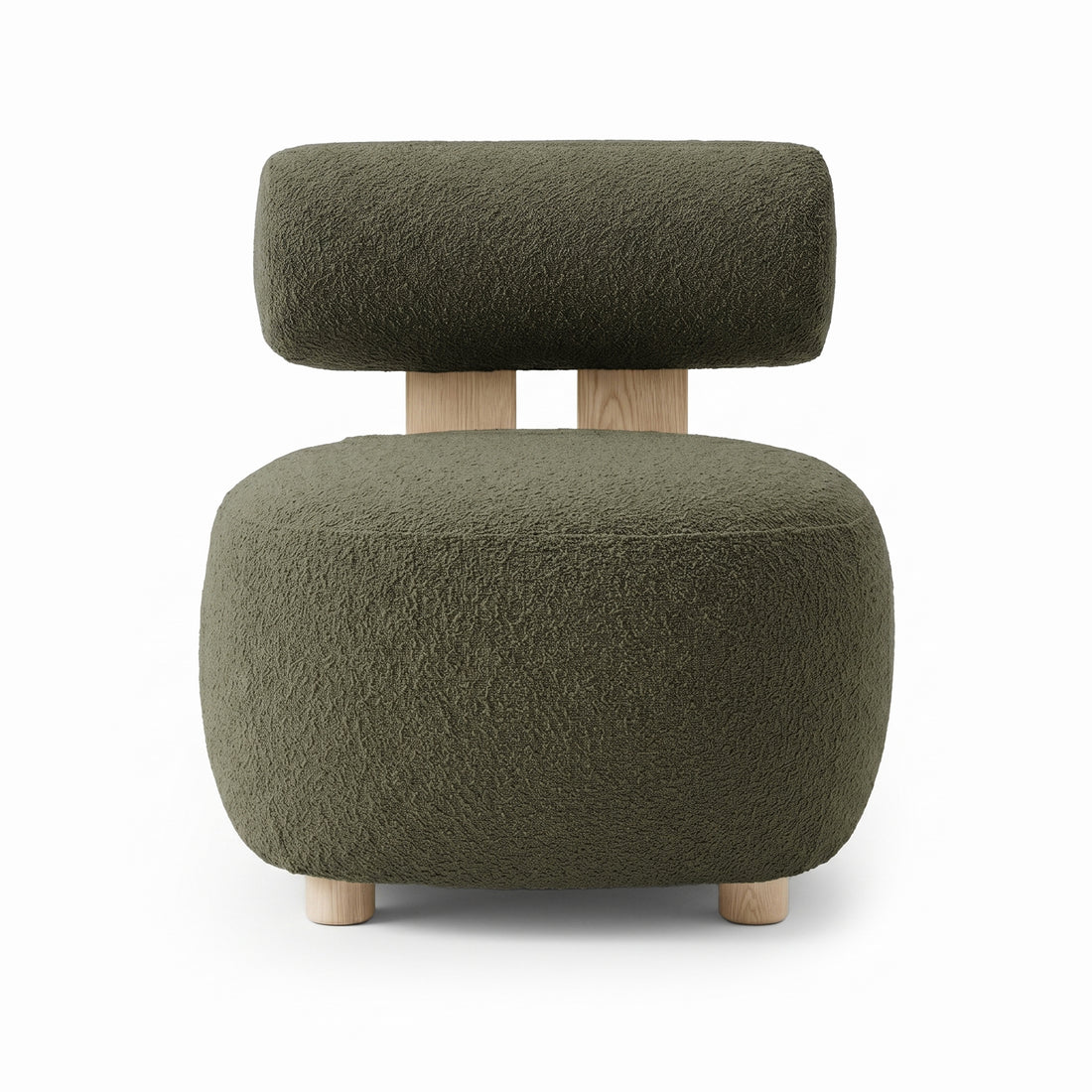 Renley Boucle Armless Accent Chair in Dark Forest Green with rounded pouf design, textured bouclé fabric, cylindrical wooden legs, and a matching floating headrest cushion on wood supports.