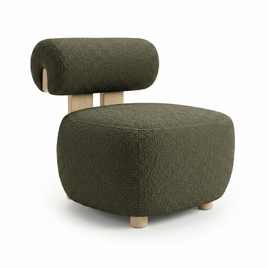 Renley Boucle Armless Accent Chair in Dark Forest Green features a rounded-cube cushion in textured olive-green bouclé, short cylindrical wooden legs, and a matching tubular backrest with vertical wood slats.