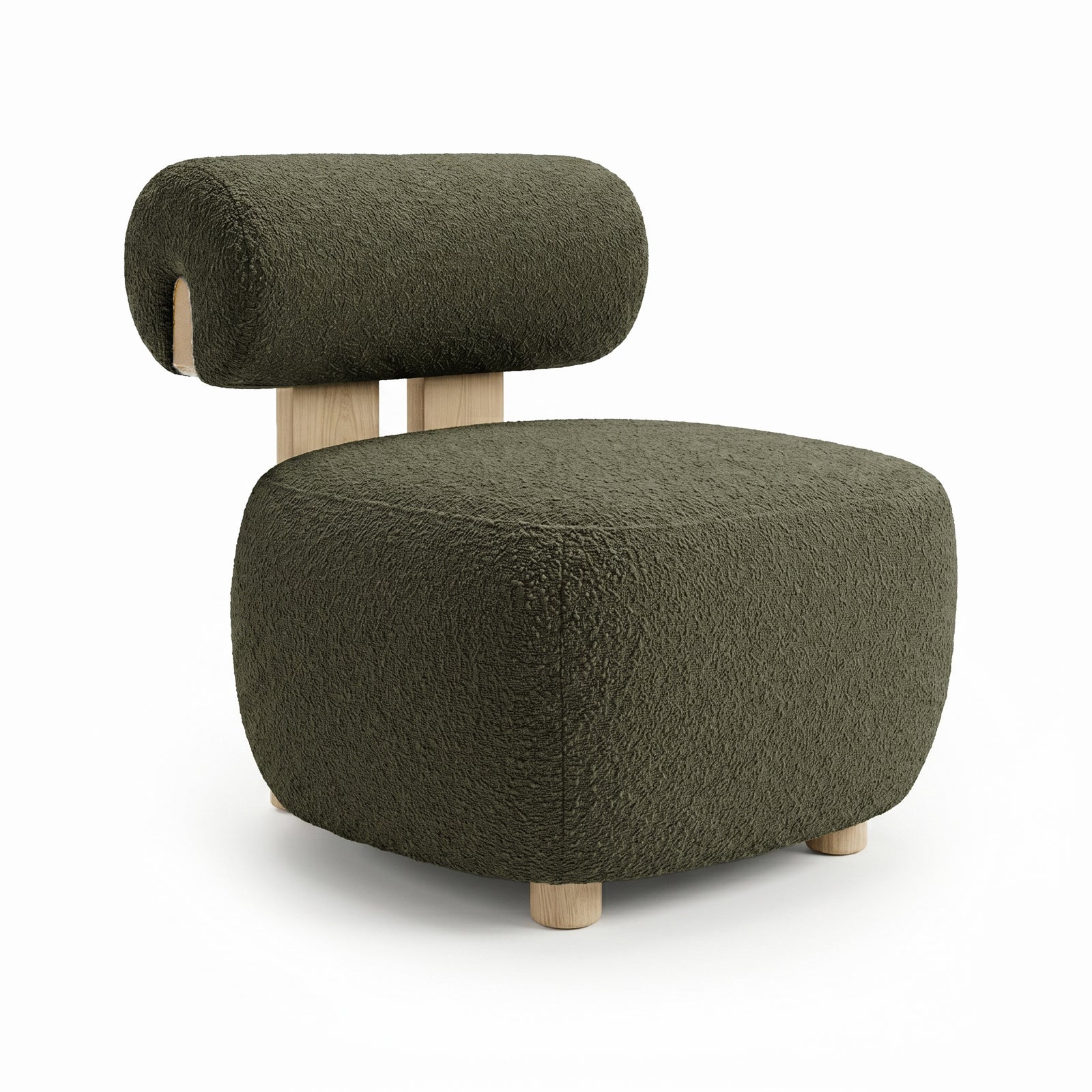 Renley Boucle Armless Accent Chair in Dark Forest Green features a rounded-cube cushion in textured olive-green bouclé, short cylindrical wooden legs, and a matching tubular backrest with vertical wood slats.
