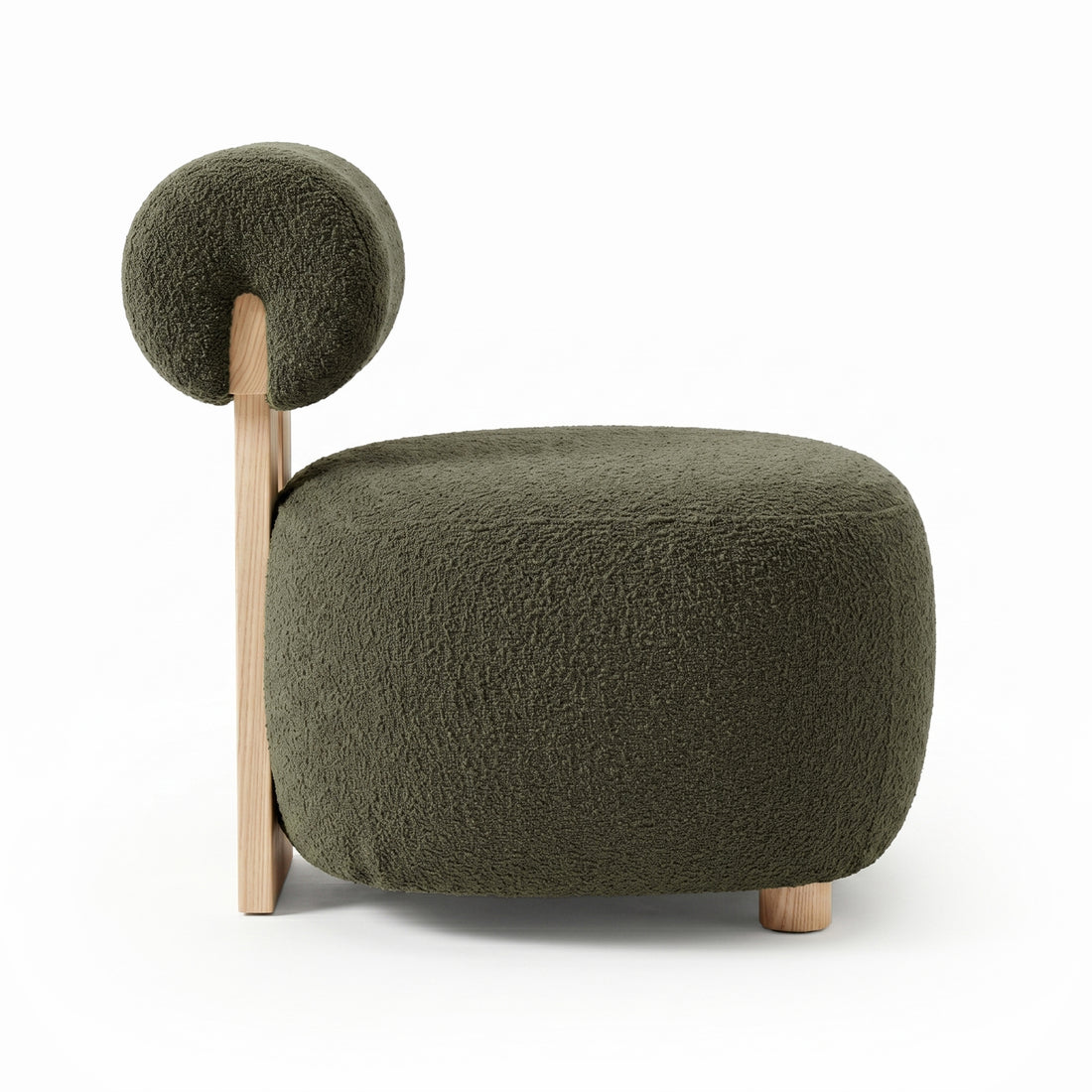 Renley Boucle Armless Accent Chair in Dark Forest Green features a textured olive-green boucle seat with a round back-rest cushion, supported by light-wood legs and a vertical wooden post.