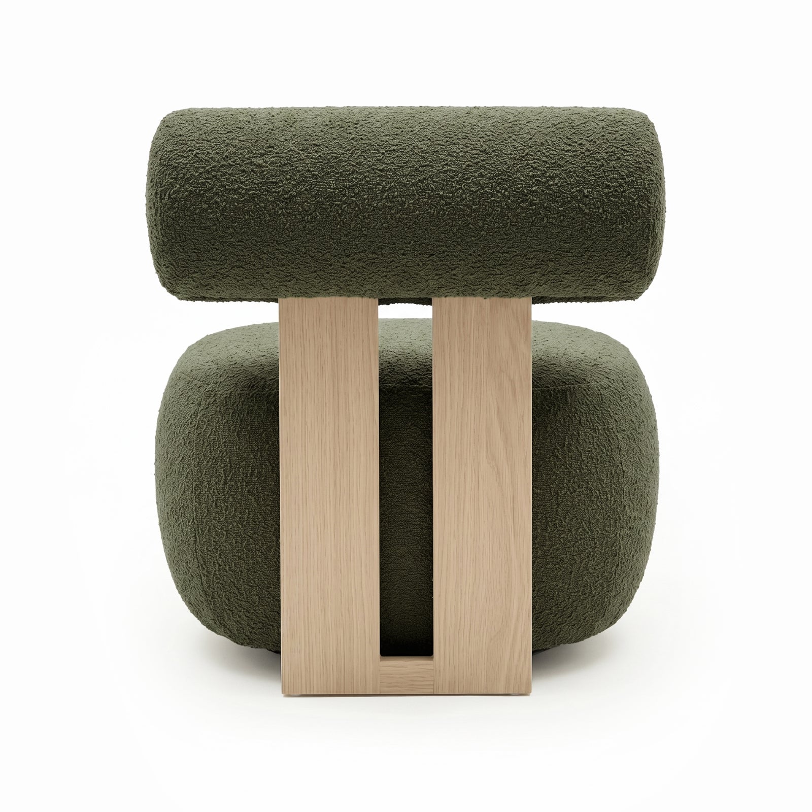 Renley Boucle Armless Accent Chair in Dark Forest Green features chunky olive-green boucle cushions supported by light oak slats, highlighting minimalist design with textured fabric and smooth wood contrast.