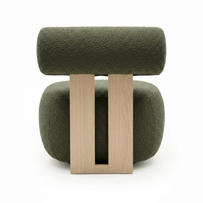 Renley Boucle Armless Accent Chair in Dark Forest Green features chunky olive-green boucle cushions supported by light oak slats, highlighting minimalist design with textured fabric and smooth wood contrast.