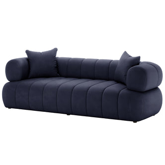 Samira 3 Seater Velvet Sofa in Navy Blue, showcasing its plush velvet upholstery and elegant design, emphasizing the sofa's luxurious texture and inviting comfort.