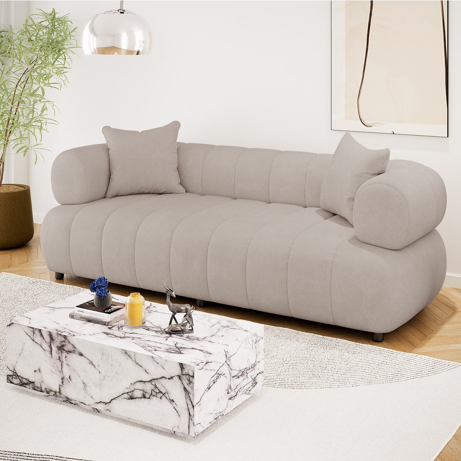 Samira 3 Seater Velvet Sofa - Warm Beige, showcasing its plush velvet upholstery and elegant design, perfect for modern living spaces with solid wood frame and comfortable seating.