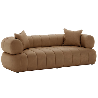 Samira 5 Seater Velvet Sofa Set in Camel Brown, showcasing plush velvet upholstery and included pillows, highlighting its luxurious and comfortable design.