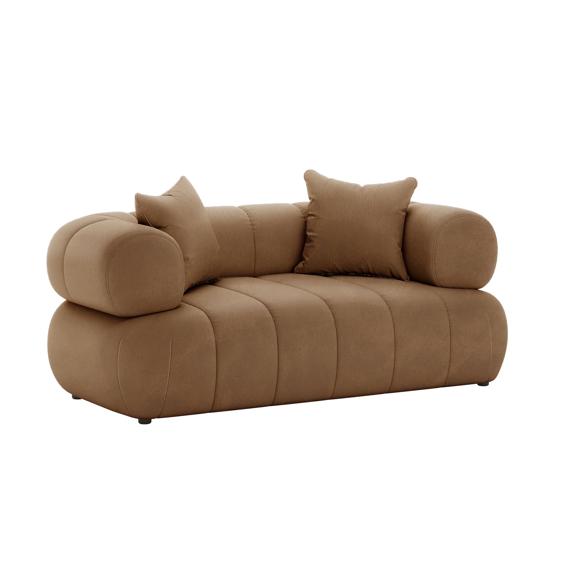Samira 5 Seater Velvet Sofa Set - Camel Brown, showcasing a luxurious, velvet-upholstered couch with plush pillows, highlighting its elegant design and comfort-focused construction.