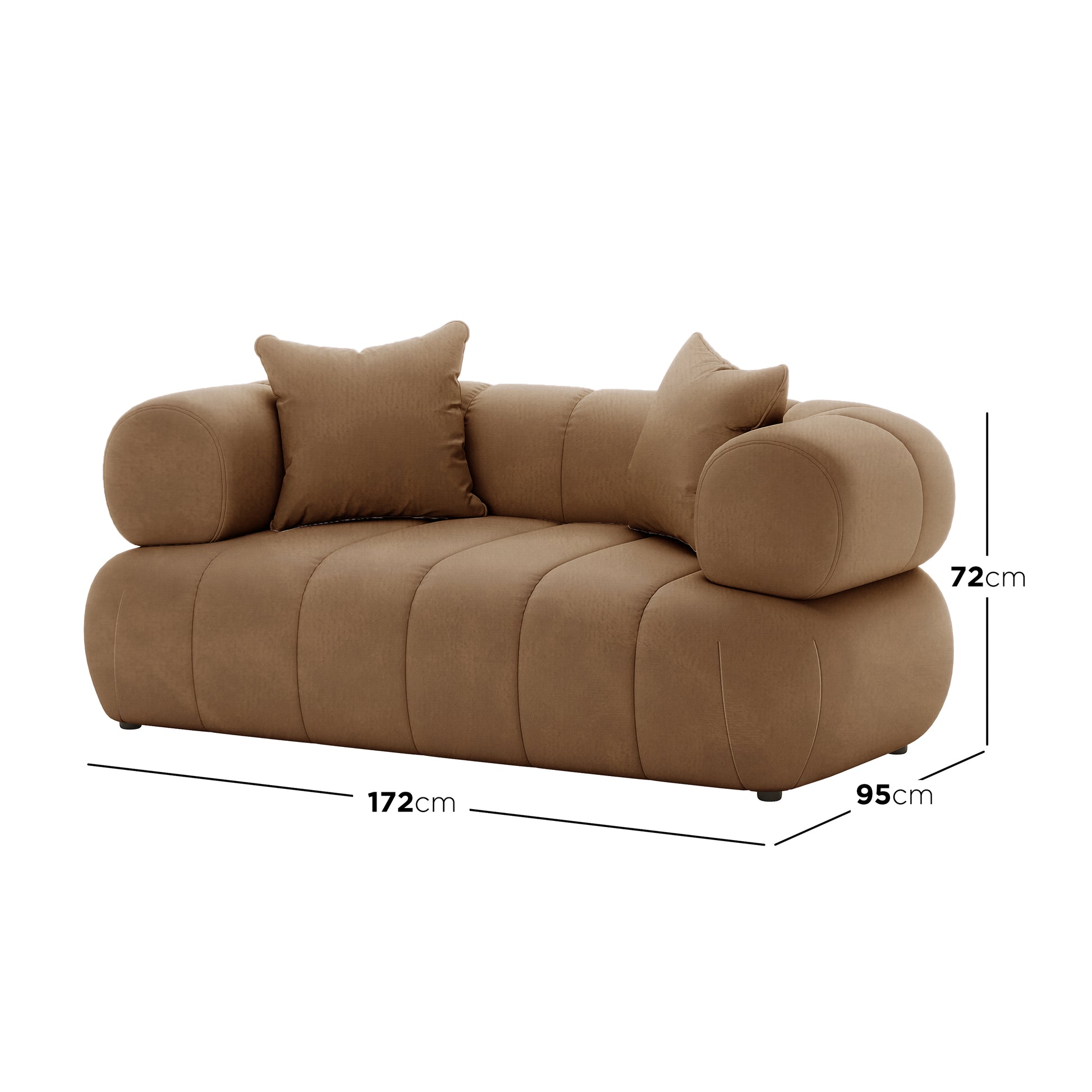 Samira 5 Seater Velvet Sofa Set - Camel Brown, showcasing its plush velvet texture, solid wood frame, and included pillows, illustrating its luxurious comfort and elegance.