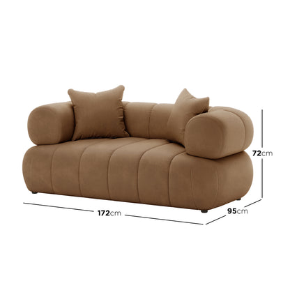 Samira 5 Seater Velvet Sofa Set - Camel Brown, showcasing its plush velvet texture, solid wood frame, and included pillows, illustrating its luxurious comfort and elegance.