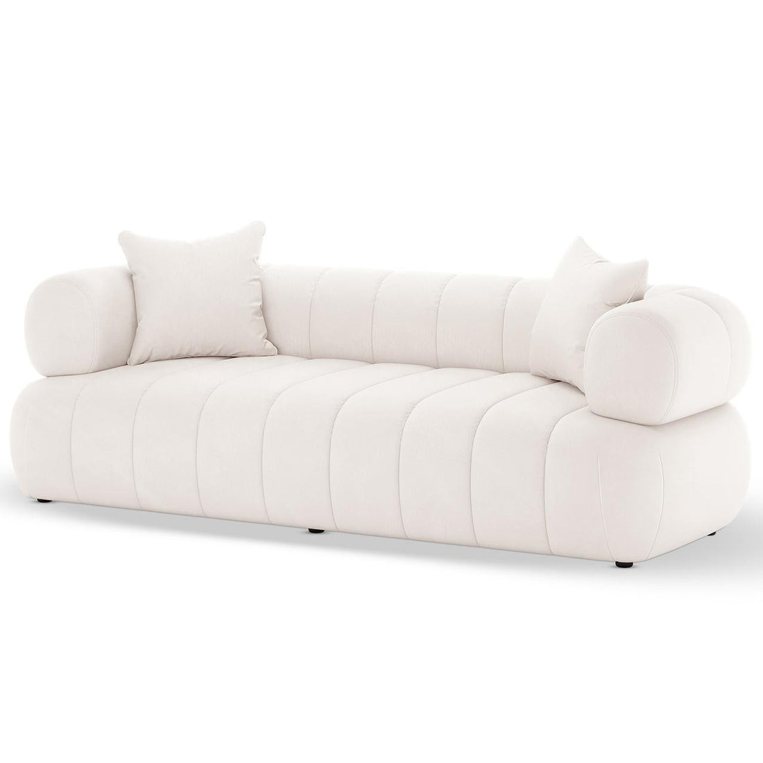 Samira 5 Seater Velvet Sofa Set in Cream features a modern three-seater with off-white vertical-pleated cushions and rounded bolster armrests, complemented by two matching throw pillows.