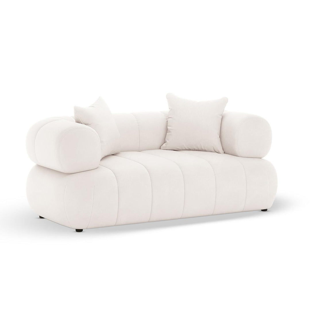 Samira 5 Seater Velvet Sofa Set in Cream features an off-white upholstered design with tubular armrests, channel-stitched seat, and two loose square pillows, offering modern elegance and comfort.