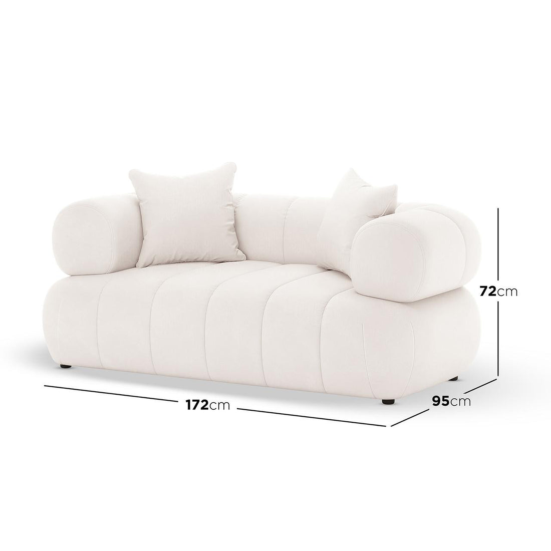 Samira 5 Seater Velvet Sofa Set in Cream features a modern two-seater loveseat with off-white fabric, rounded bolster arms, square pillows, and vertical stitching, measuring 172cm wide, 95cm deep, 72cm high.