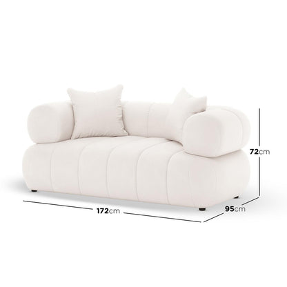 Samira 5 Seater Velvet Sofa Set in Cream features a modern two-seater loveseat with off-white fabric, rounded bolster arms, square pillows, and vertical stitching, measuring 172cm wide, 95cm deep, 72cm high.