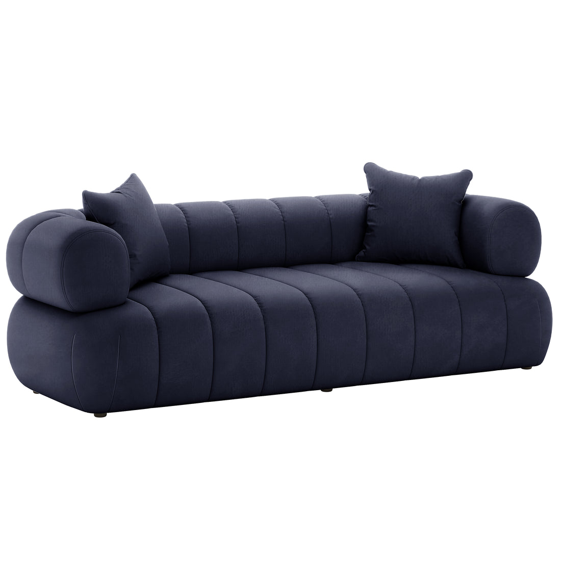 Samira 5 Seater Velvet Sofa Set - Navy Blue, showcasing its plush velvet texture and detailed craftsmanship, highlighting the luxurious and elegant design in a studio setting.