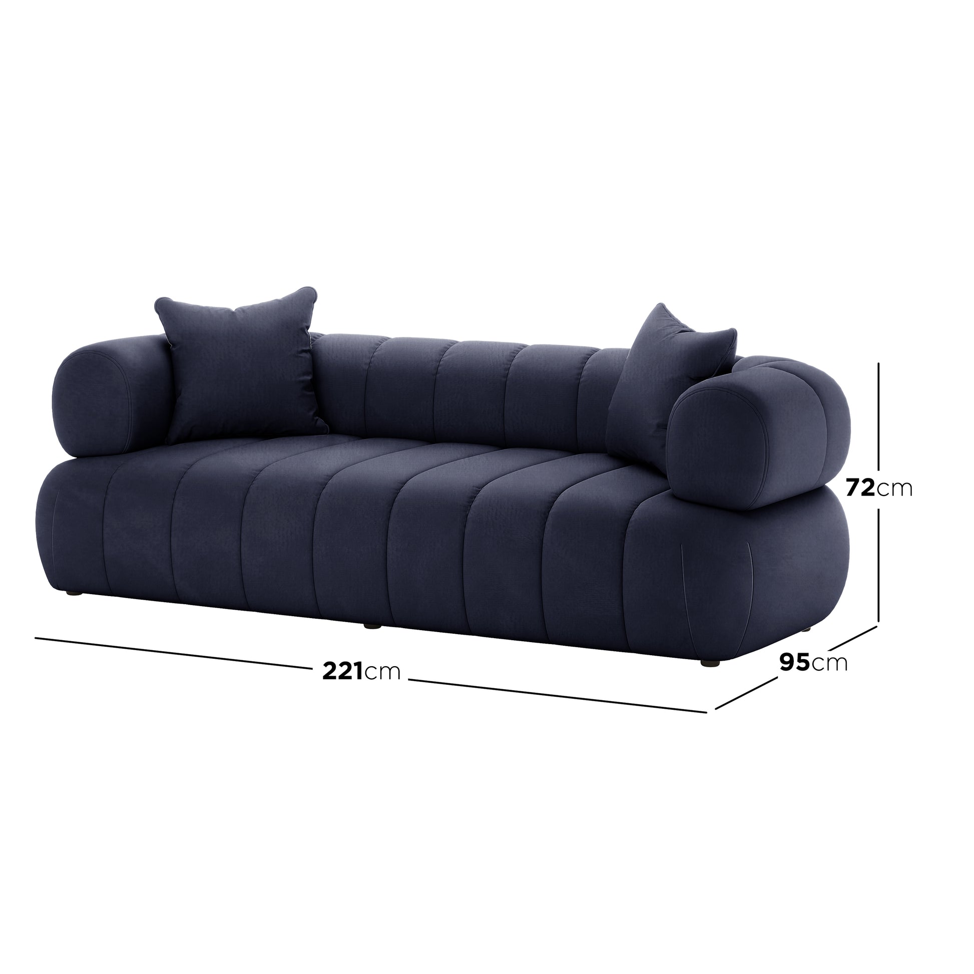 Samira 5 Seater Velvet Sofa Set - Navy Blue, showcasing a plush velvet upholstery with four included pillows. Close-up highlights the sofa's luxurious texture and craftsmanship, emphasizing comfort and elegance.