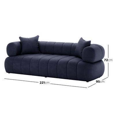 Samira 5 Seater Velvet Sofa Set - Navy Blue, showcasing a plush velvet upholstery with four included pillows. Close-up highlights the sofa's luxurious texture and craftsmanship, emphasizing comfort and elegance.